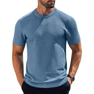 "Men'  Blue Short Sleeve Knit Shirt Casual Fashion Crew Neck T Shirt